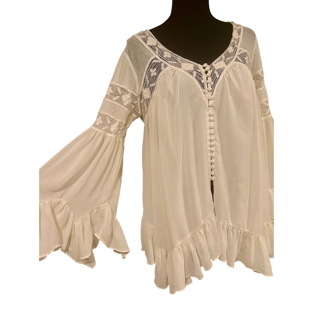 Free People Ivory Lace Crochet Boho Bell Sleeve Ruffle Blouse Top Medium - Picture 2 of 4
